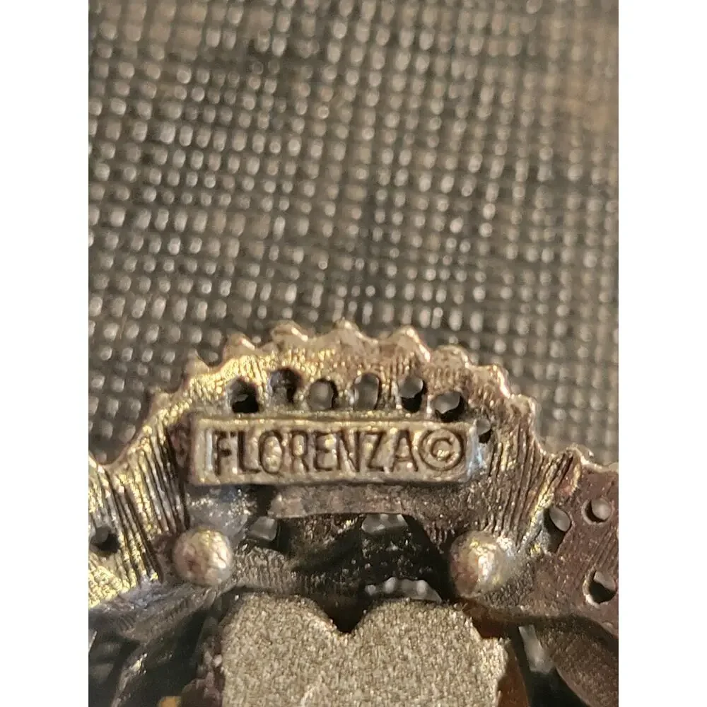 Vintage Florenza signed Brooch Blue swirl on ornate silver tone w/ magnetic back